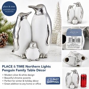 Table Decor Place & Time Northern Lights Penguin Family Silver White 1841-4805